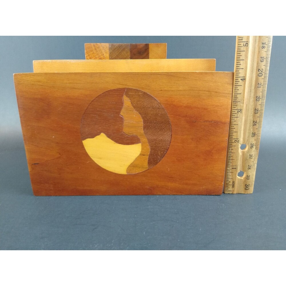 Inlaid Decoration Wood Box Chest Old Vintage Wooden Folk Art Woman - Picture 4 of 12